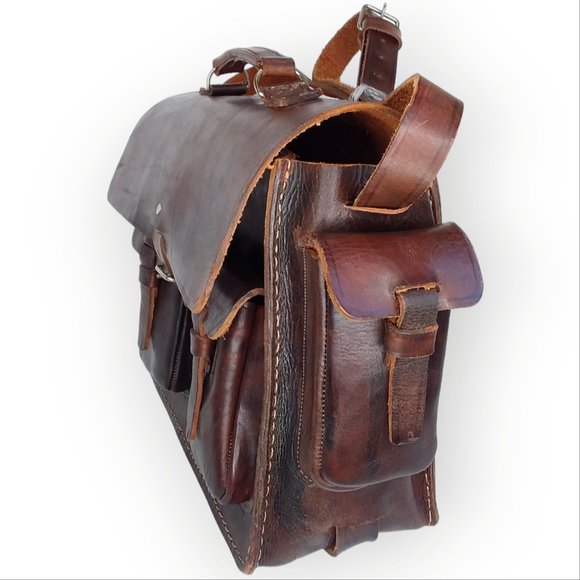 Vintage Leather Messenger Laptop Crossbody Bag Rawhide Brown Old World Large - Picture 4 of 12
